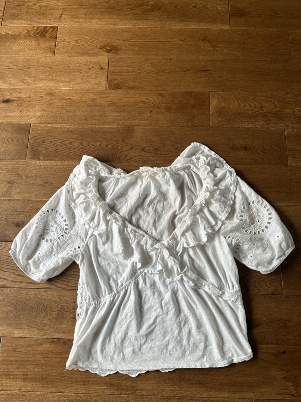 Anthropologie White Eyelet Ruffle V-Neck Top - Picture 4 of 10
